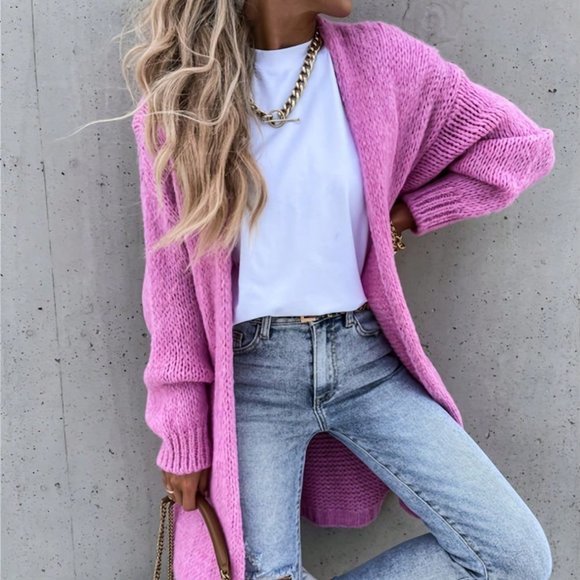 Pink Casual Womens  Solid Color Cardigan - Picture 2 of 5